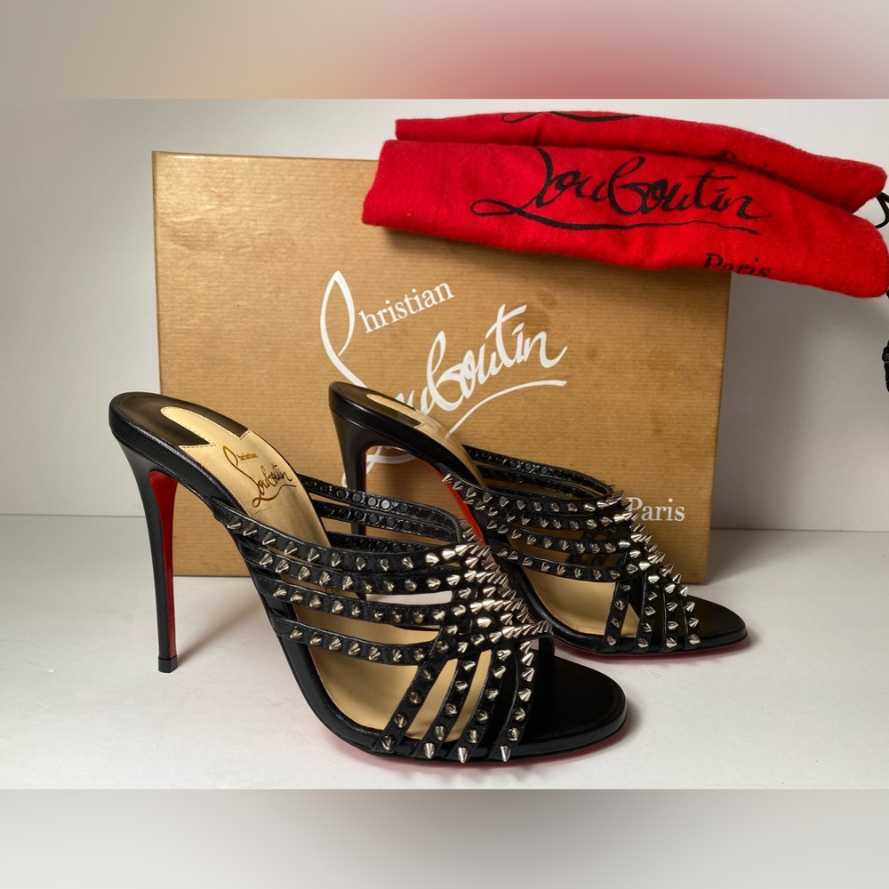 Christian Louboutin Black Studded Open-Toe Stiletto Mules with Red Sole